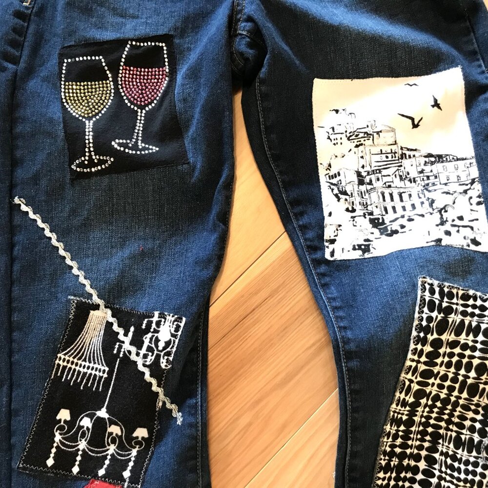 Upcycled Patchwork Jeans, Eclectic Wineglass Cityscape Design Size 6 - Picture 4 of 11